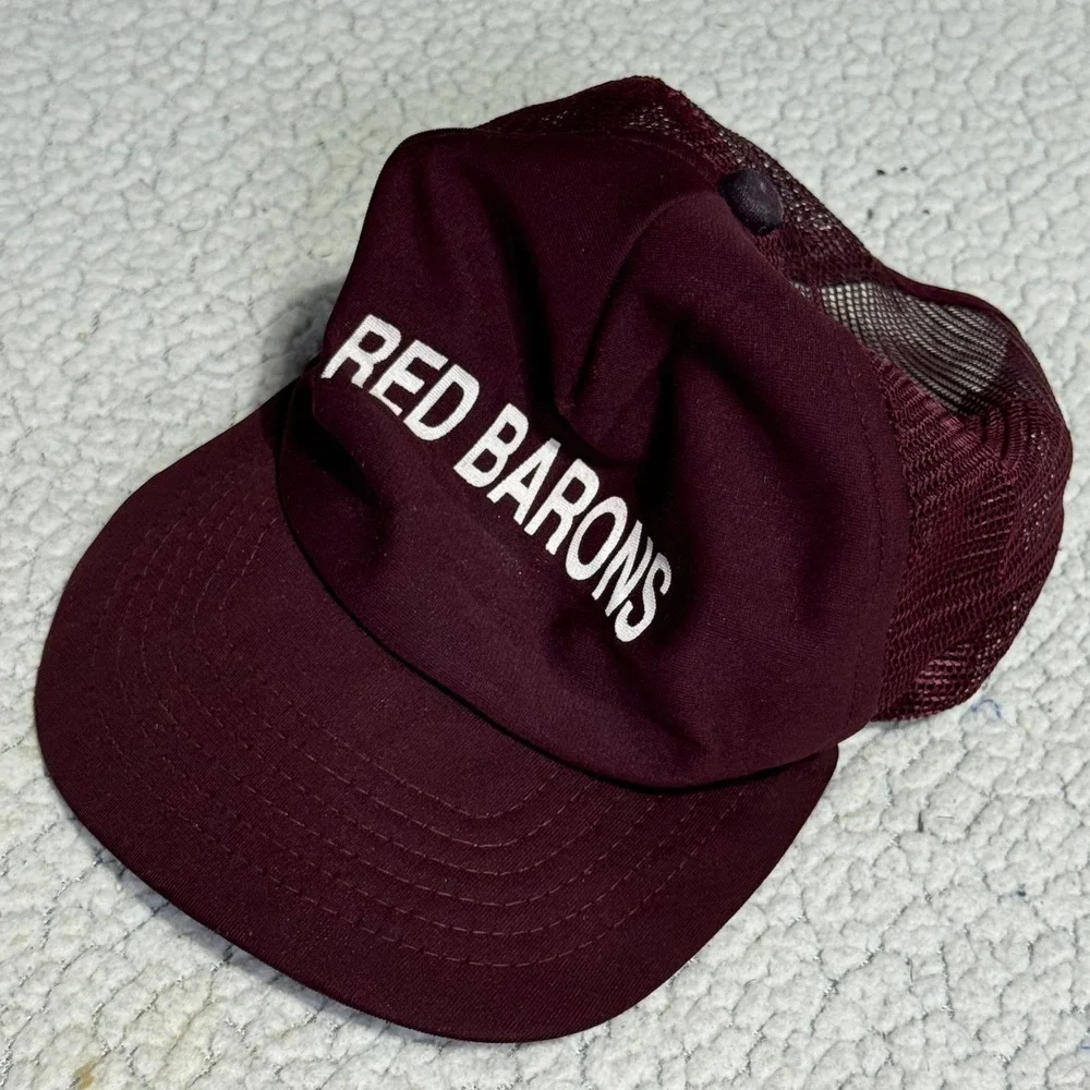 Vintage‎ New Era Red Barons Trucker Hat Maroon Snapback Mesh Cap Small Med USA